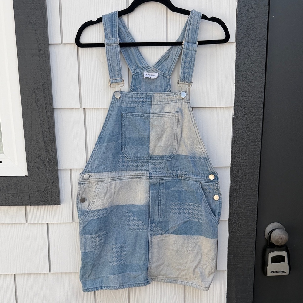 Storia Light Blue Patchwork Denim Overall Mini Dress